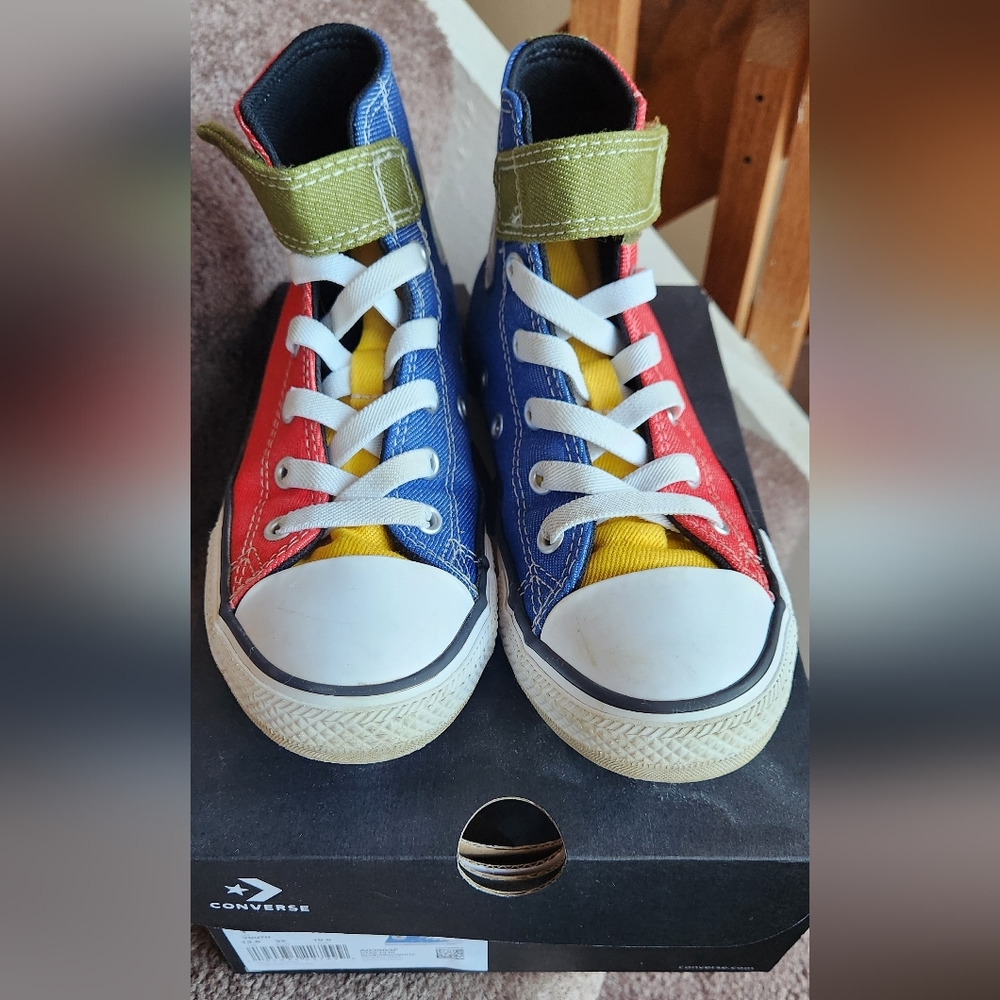 Converse Kids Sneakers in Red, Blue, and Yellow With Green Velcro Strap, Size 1Y